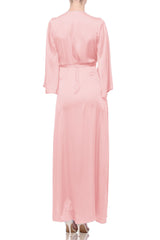 Blush Pink Satin Wrap Bridesmaid Maxi Dress with Slit – Long Sleeve
