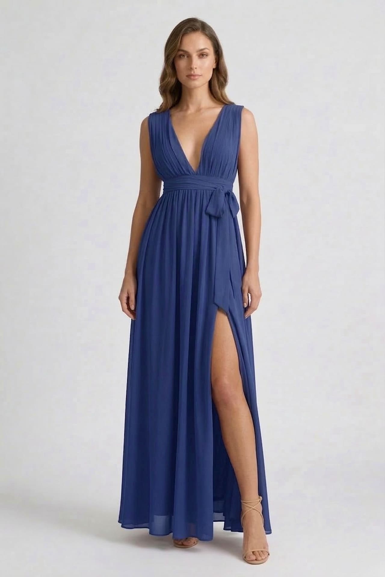 Dark Navy V-Neck Bridesmaid Dress – Elegant Formal Maxi Gown