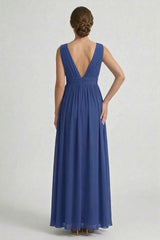 Dark Navy V-Neck Bridesmaid Dress – Elegant Formal Maxi Gown