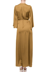 Champagne Beige Satin Wrap Maxi Bridesmaid Dress – Long Sleeve Wedding Gown
