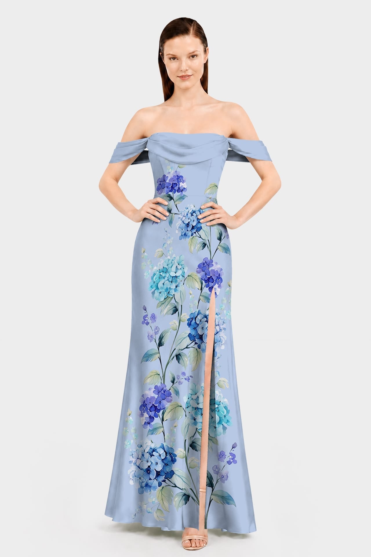 Hydrangea Floral Print Satin Convertible Maxi Dress