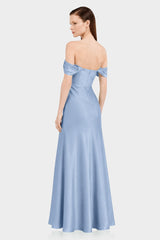 Convertible Off Shoulder Steel Blue Bridesmaid Maxi Dress – Resort Wedding Dress