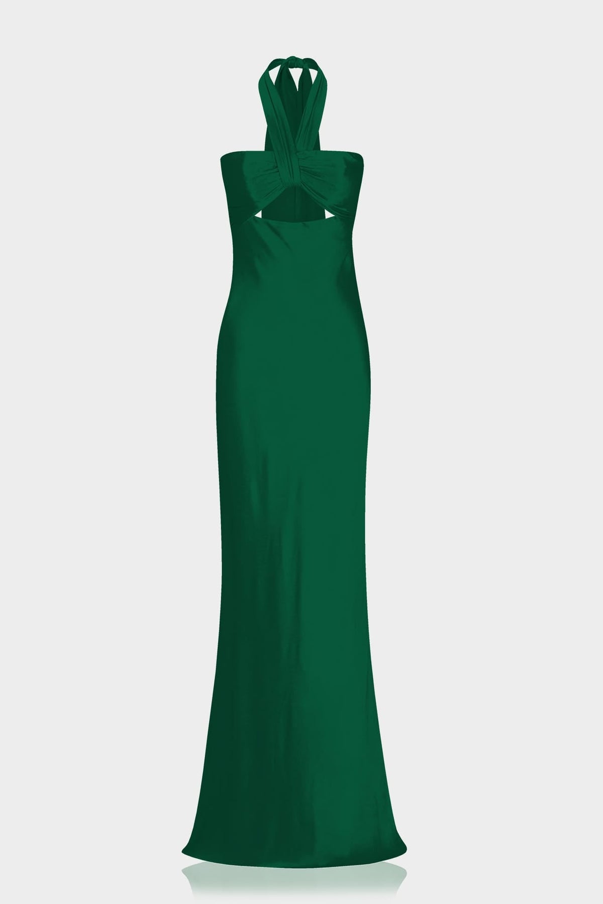 Dark Green Matte Satin Halter Maxi Dress with Twist Front & Open Back
