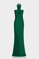 Dark Green Matte Satin Halter Maxi Dress with Twist Front & Open Back