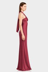 Designer Burgundy Matte Satin Maxi Dress with Halter Neck & Front Cut Out - Bridesmaid Dress