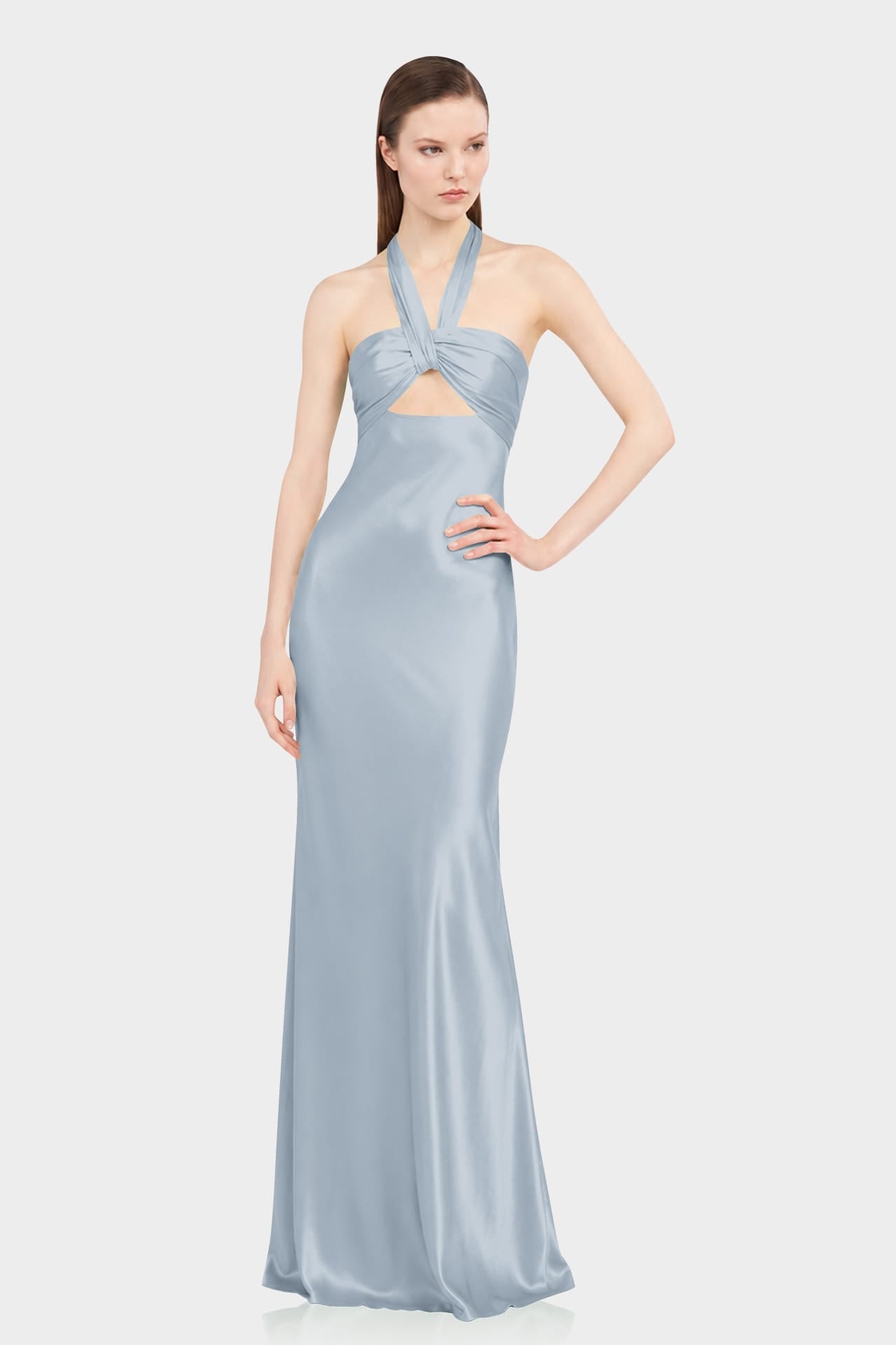 Designer Dusty Blue Ruched Halter Neck Satin Evening Gown for Wedding Guests & Bridesmaids