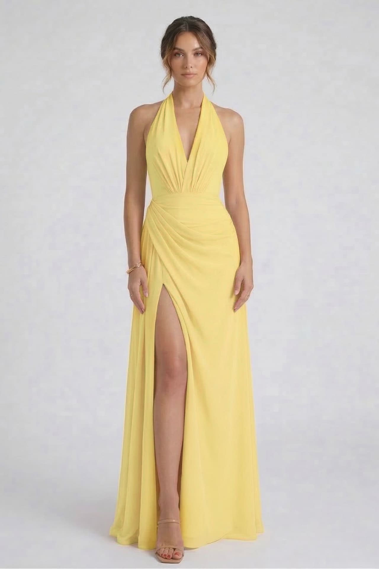 Butter Yellow Chiffon V-Neck Bridesmaid Maxi Dress with Side Slit