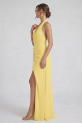 Butter Yellow Chiffon V-Neck Bridesmaid Maxi Dress with Side Slit