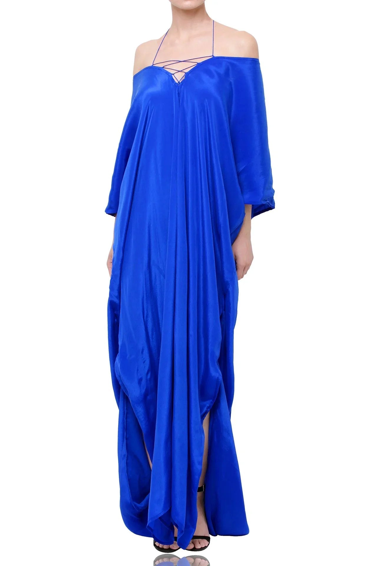 Cobalt Blue Lace-Up V-Neck Kaftan Maxi Dress