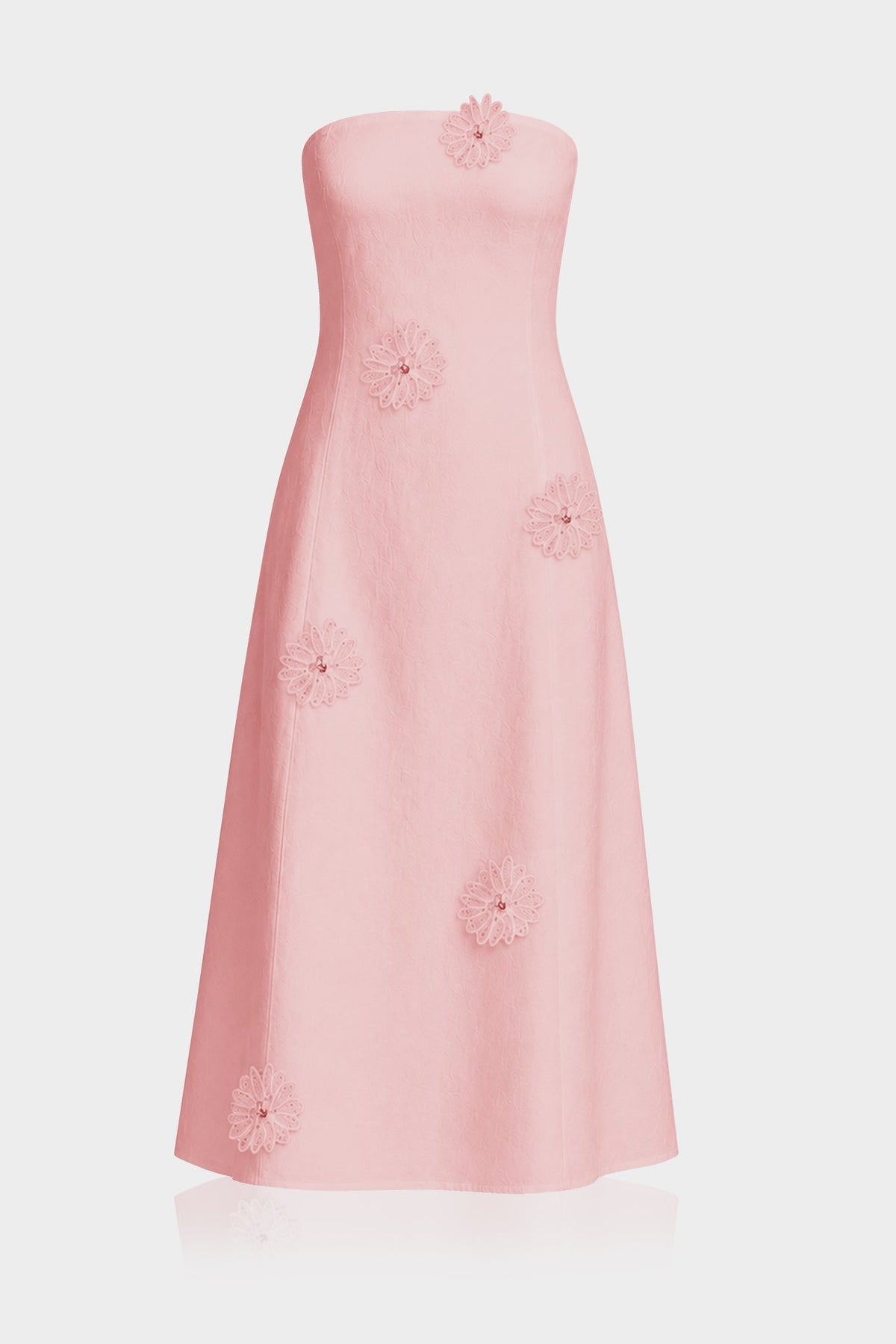 Blush Pink Strapless Cotton Midi Dress with 3D Floral Appliqué