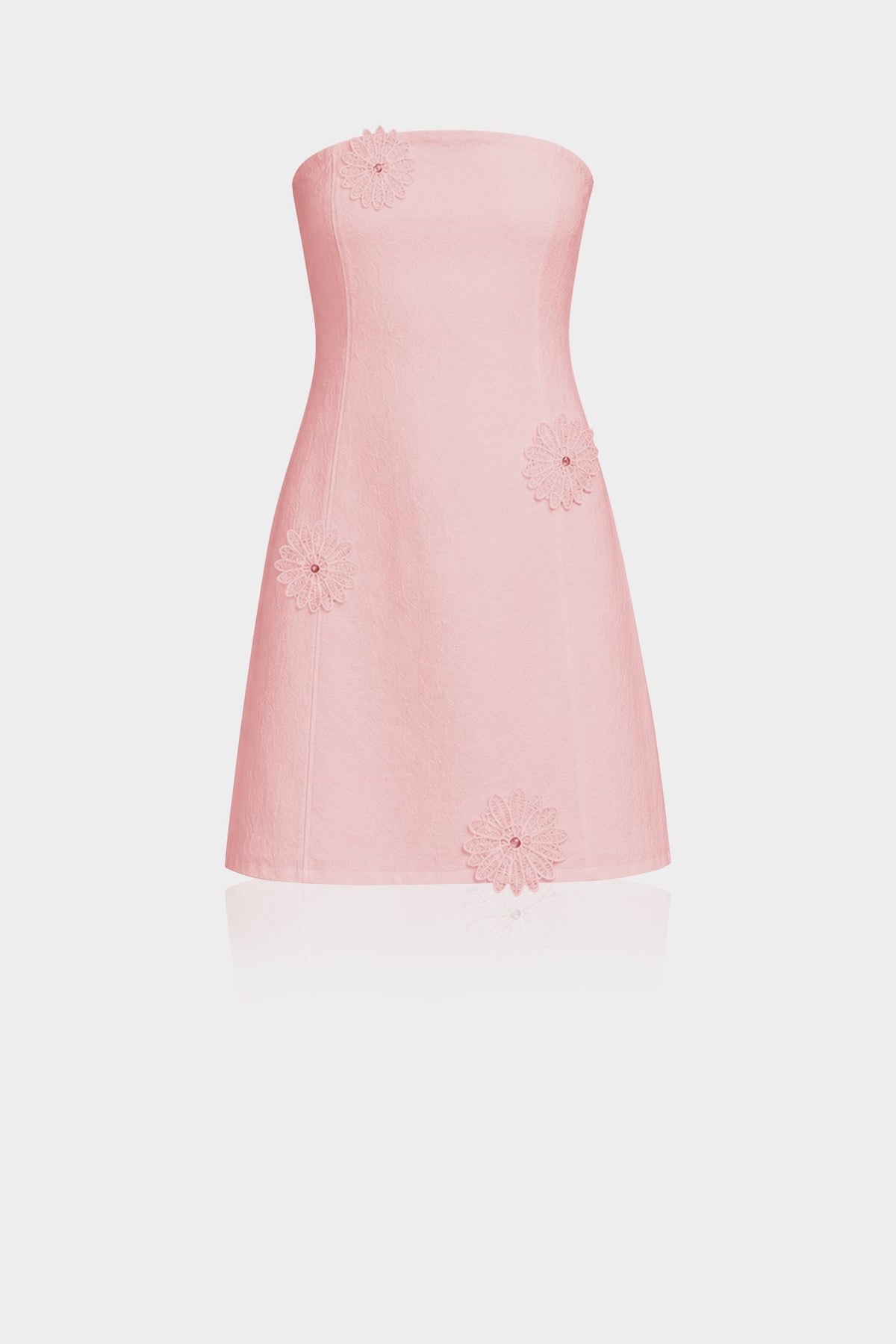 Blush Pink Strapless Cotton Mini Dress with Handcrafted Floral Appliqué
