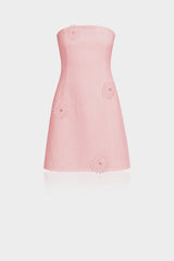 Blush Pink Strapless Cotton Mini Dress with Handcrafted Floral Appliqué