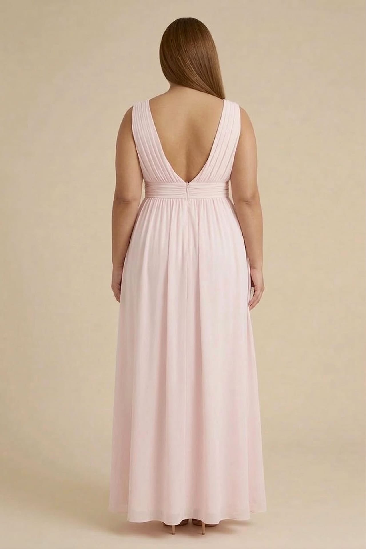 Blushing Pink V-Neck Bridesmaid Dress – Elegant Wedding Maxi Gown