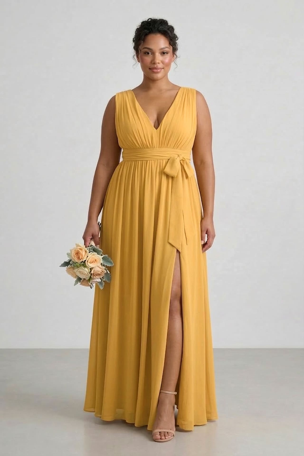 Butterscotch Heaven V-Neck Bridesmaid Dress – Elegant Maxi Gown