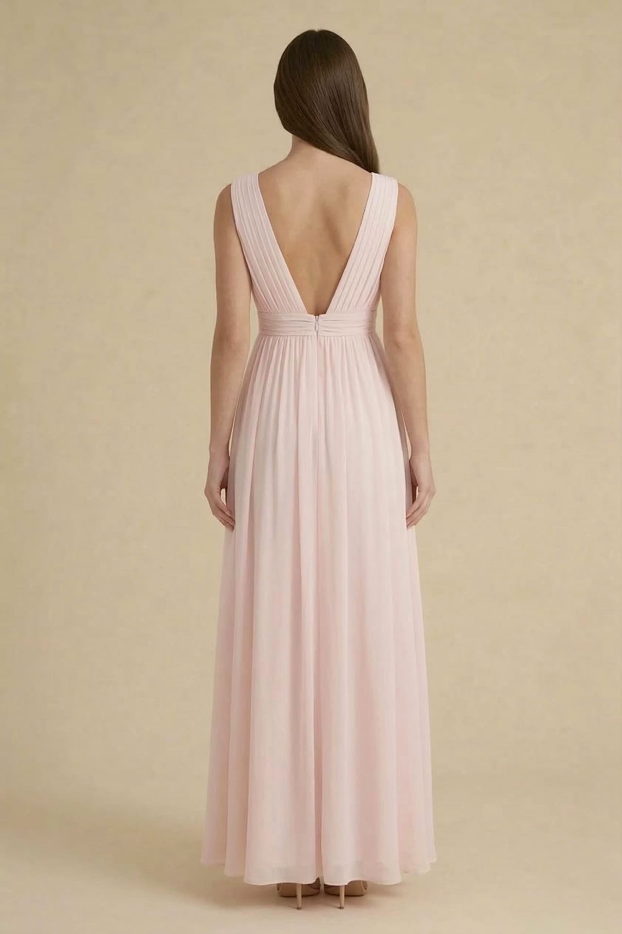 Blushing Pink V-Neck Bridesmaid Dress – Elegant Wedding Maxi Gown