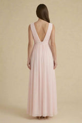 Blushing Pink V-Neck Bridesmaid Dress – Elegant Wedding Maxi Gown