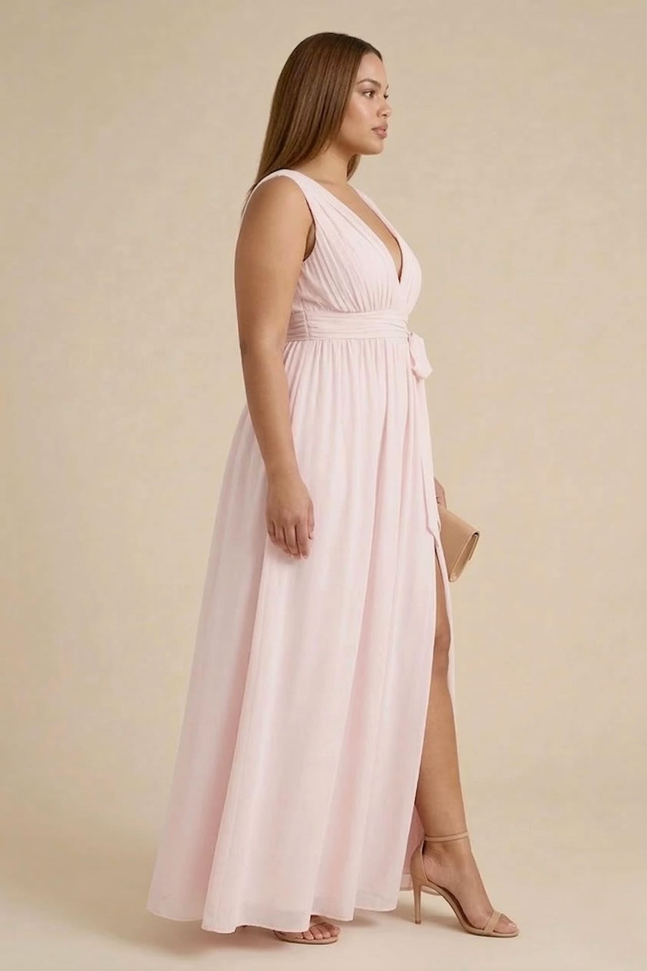 Blushing Pink V-Neck Bridesmaid Dress – Elegant Wedding Maxi Gown