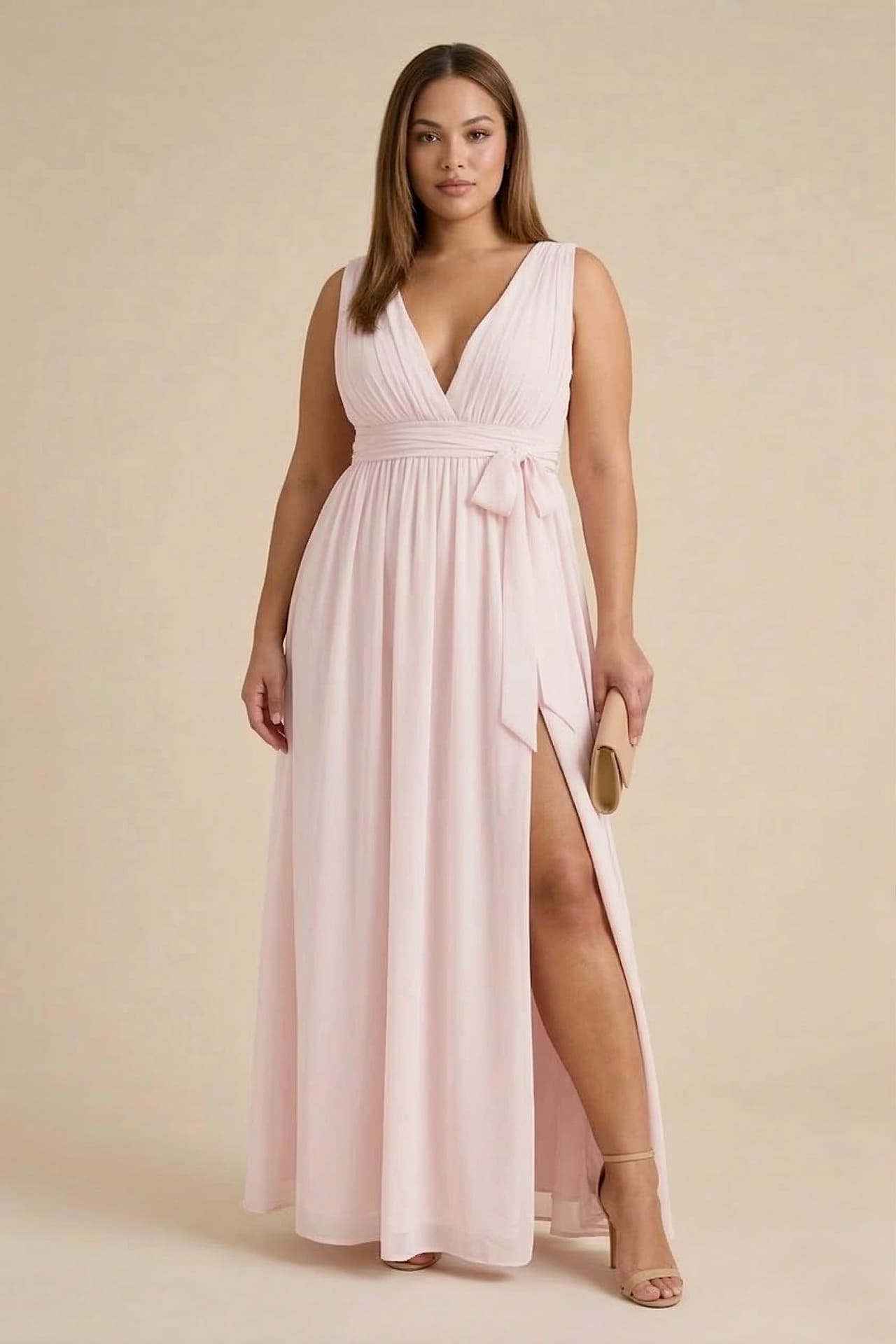 Blushing Pink V-Neck Bridesmaid Dress – Elegant Wedding Maxi Gown