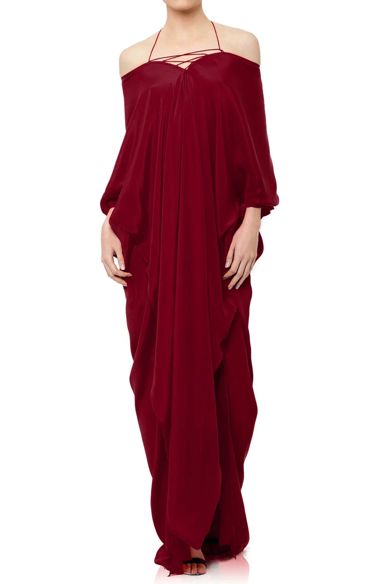 Burgundy Viscose Silk Convertible Maxi Kaftan Dress for Plus size women