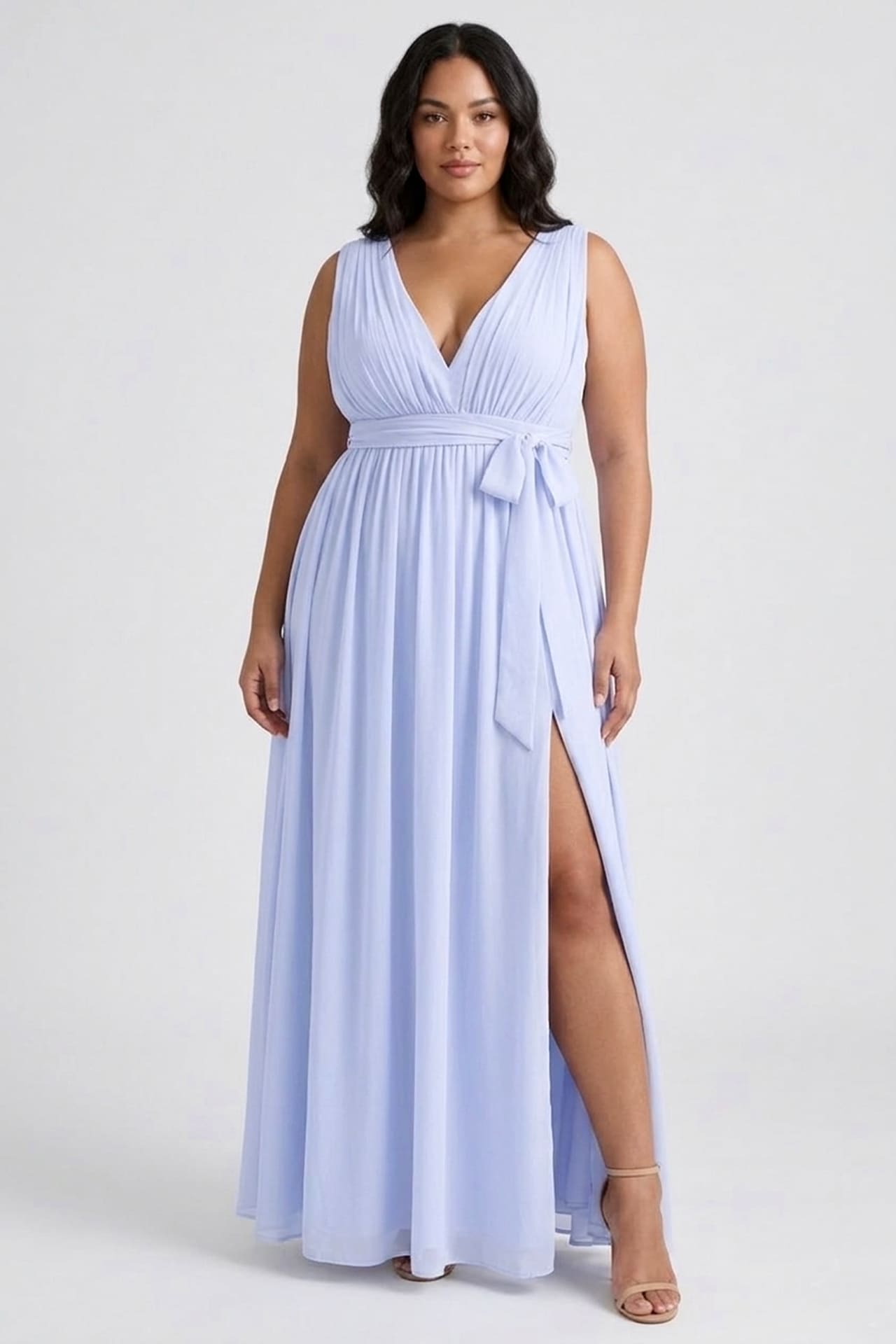 Chiffon Ice Blue V-Neck Bridesmaid Dress – Elegant Maxi Gown