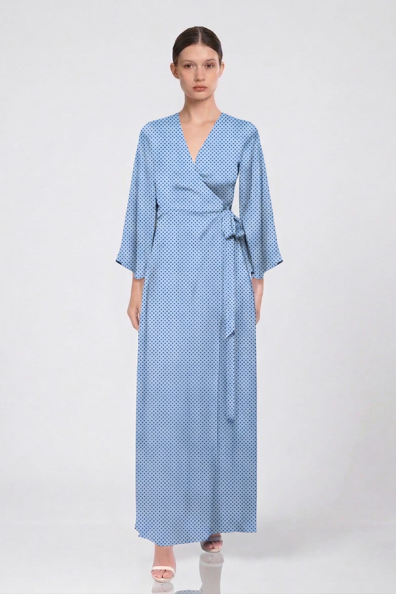 Powder Blue Polka Dot Satin V-Neck Wrap Maxi Dress with High Slit- Maternity Friendly Dress