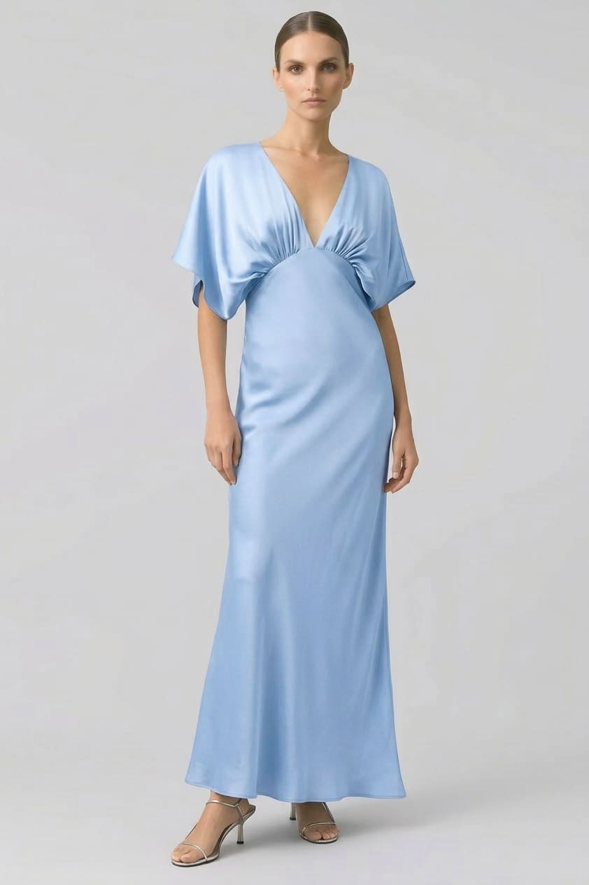 Powder Blue Deep V Neck Flutter Sleeve Satin Maxi Bridesmaid Gown