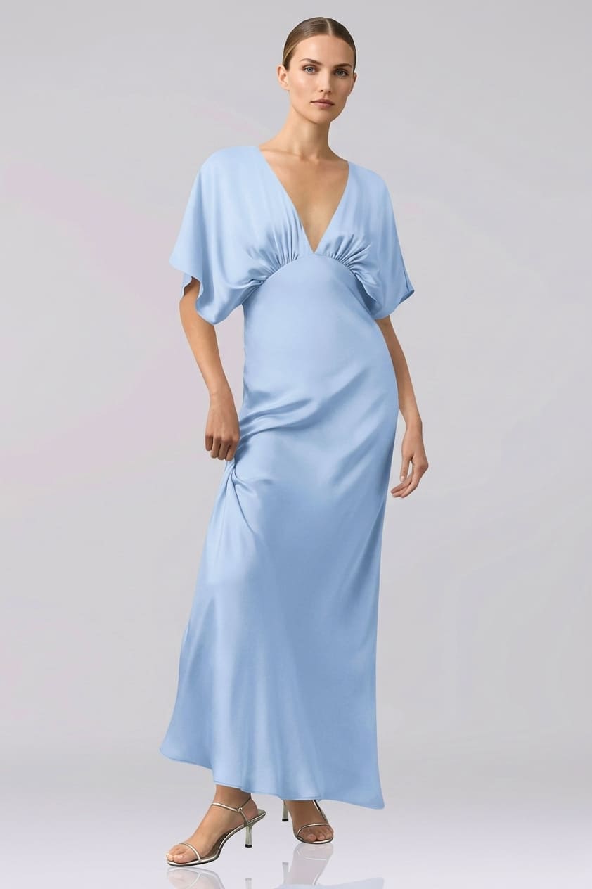 Powder Blue Deep V Neck Flutter Sleeve Satin Maxi Bridesmaid Gown