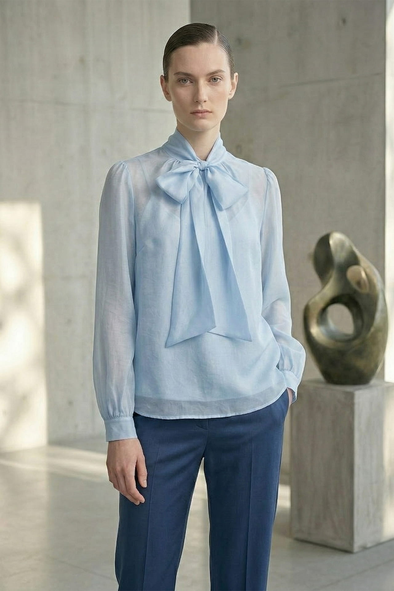 Powder Blue Bow Tie-Neck Sheer Organza Shirt