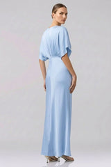Powder Blue Deep V Neck Flutter Sleeve Satin Maxi Bridesmaid Gown