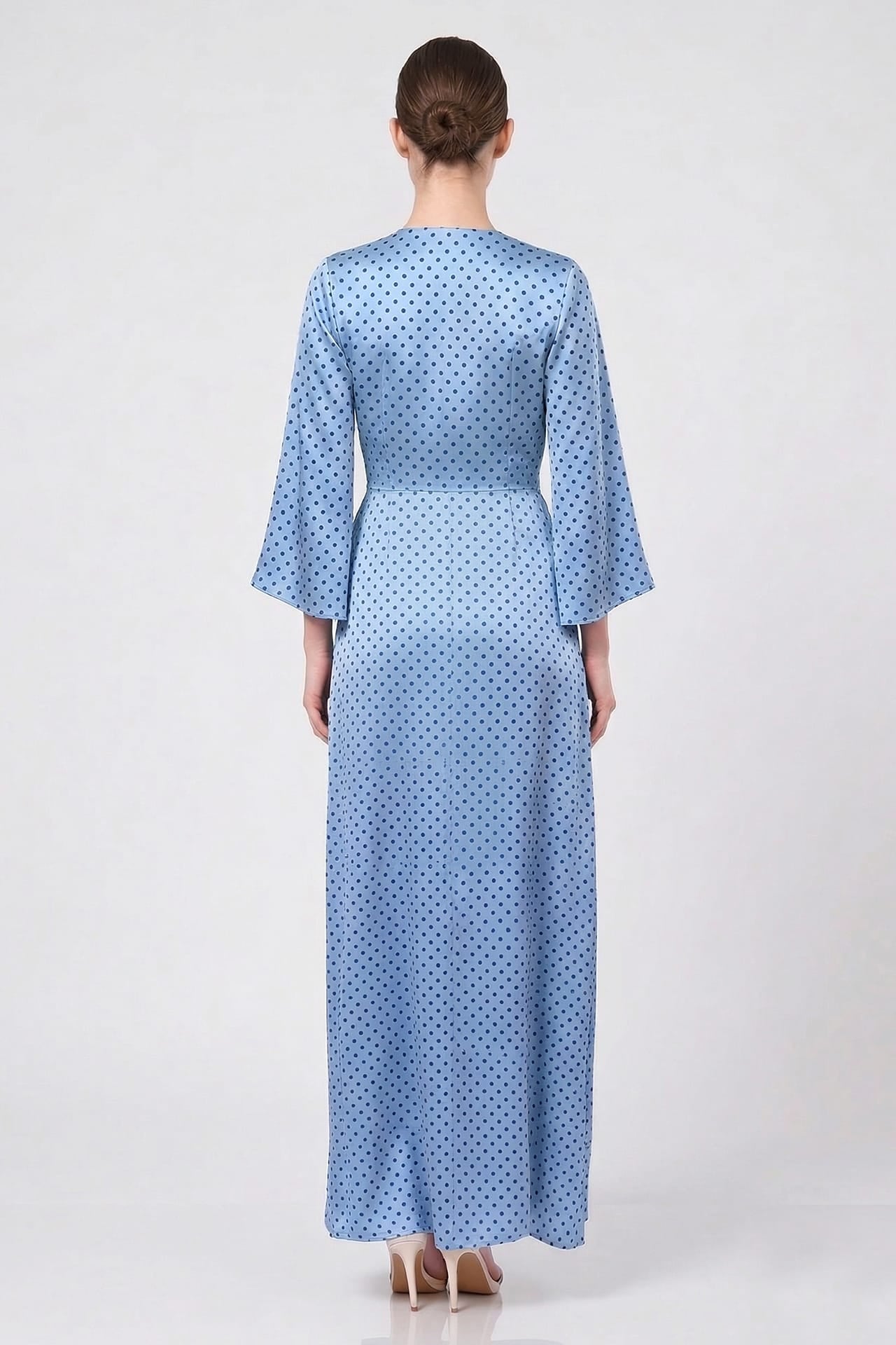 Powder Blue Polka Dot Satin V-Neck Wrap Maxi Dress with High Slit- Maternity Friendly Dress