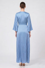 Powder Blue Polka Dot Satin V-Neck Wrap Maxi Dress with High Slit- Maternity Friendly Dress