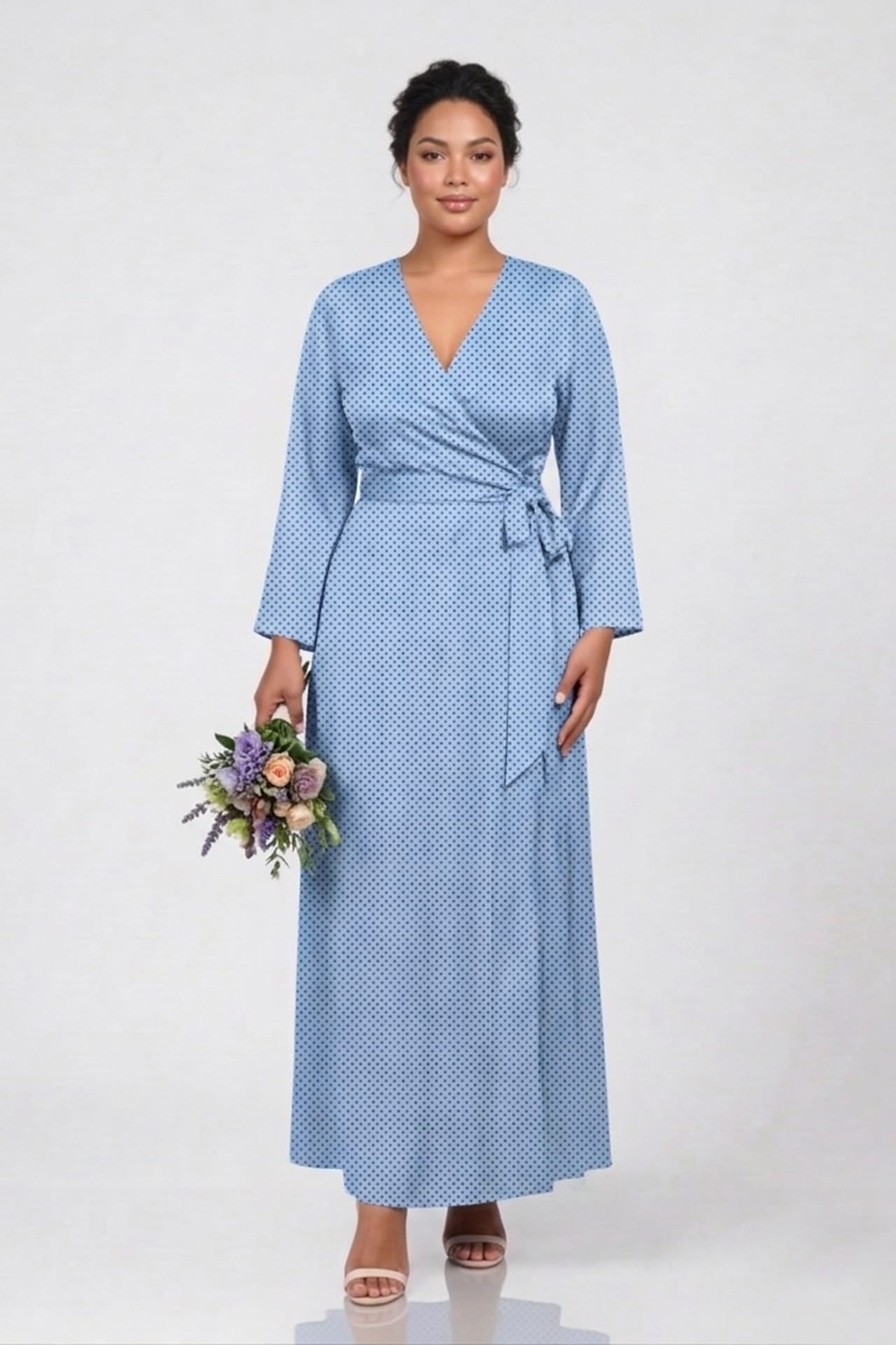 Powder Blue Polka Dot Satin V-Neck Wrap Maxi Dress with High Slit- Maternity Friendly Dress