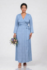 Powder Blue Polka Dot Satin V-Neck Wrap Maxi Dress with High Slit- Maternity Friendly Dress