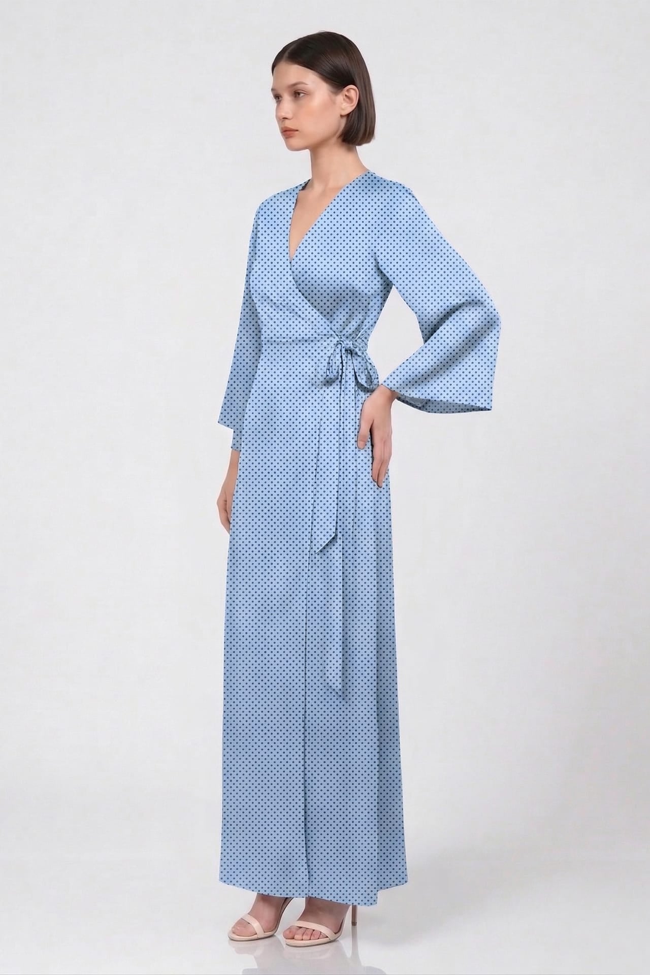 Powder Blue Polka Dot Satin V-Neck Wrap Maxi Dress with High Slit- Maternity Friendly Dress