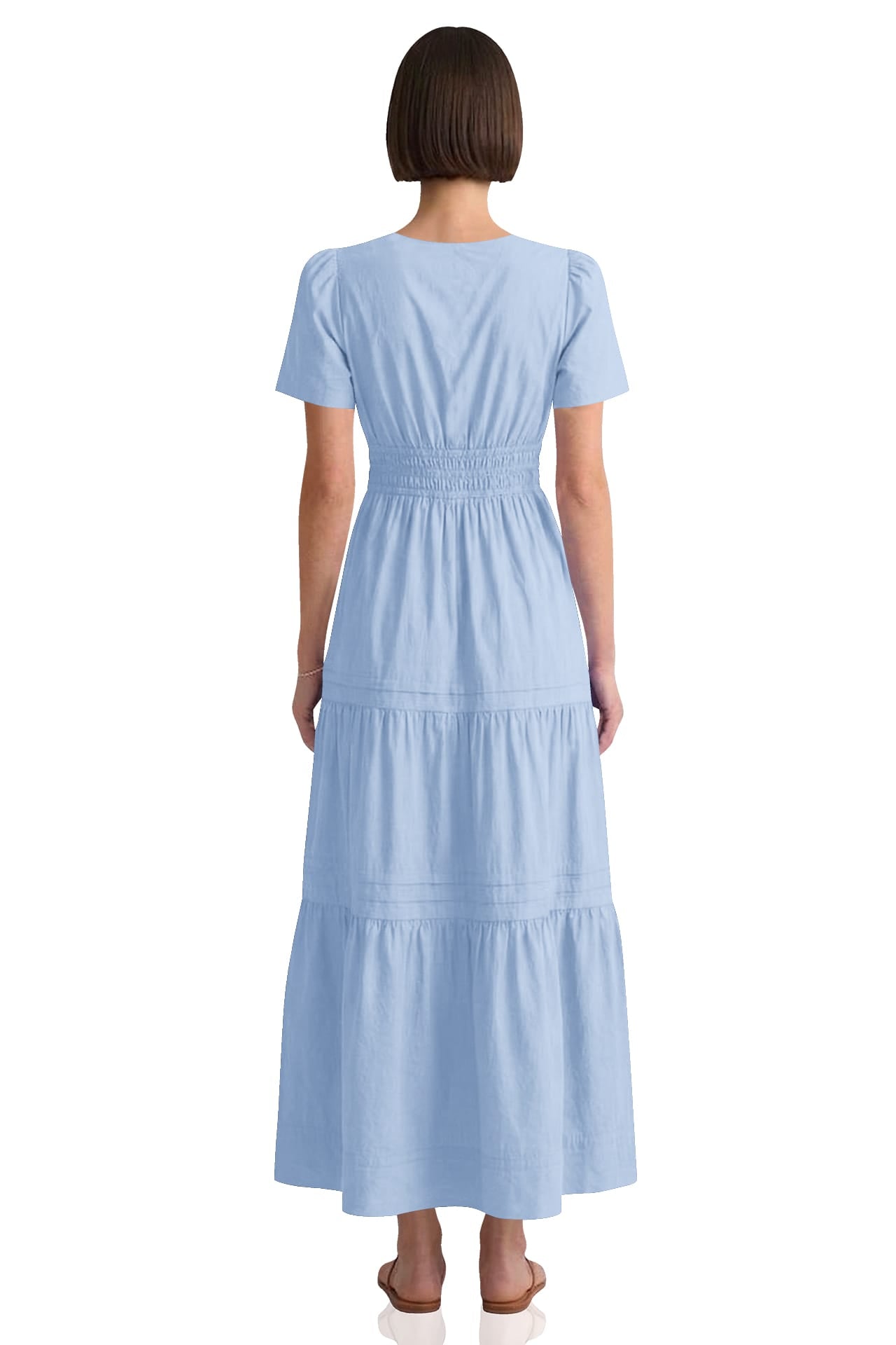 Tiered Breathable Cotton Maxi Dress With Smocked Waist – Powder Blue Relaxed Fit Cotton Dress