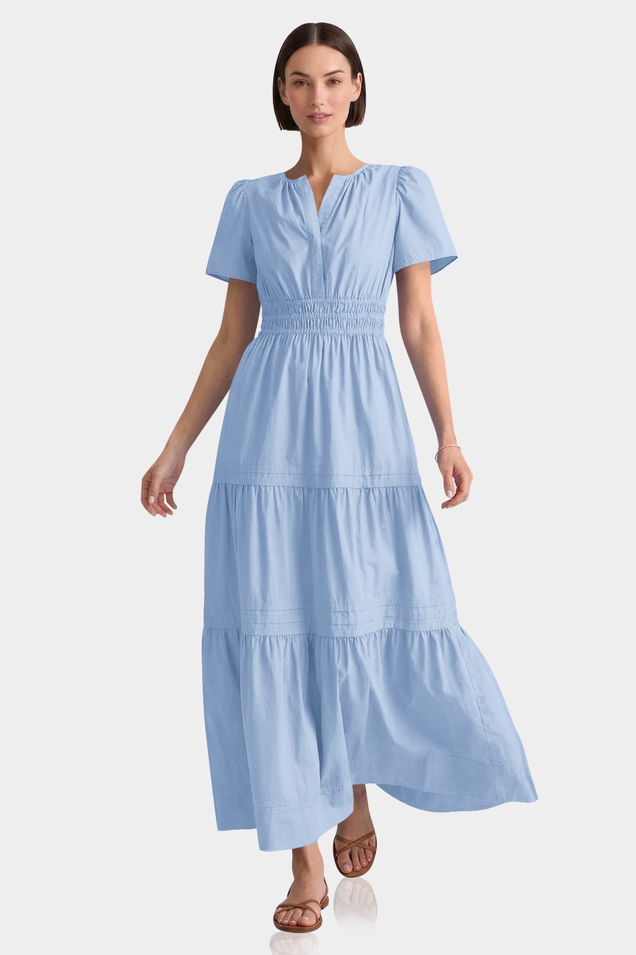 Tiered Breathable Cotton Maxi Dress With Smocked Waist – Powder Blue Relaxed Fit Cotton Dress