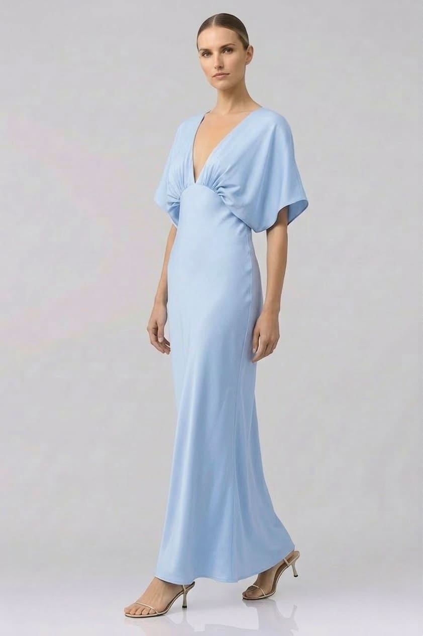 Powder Blue Deep V Neck Flutter Sleeve Satin Maxi Bridesmaid Gown