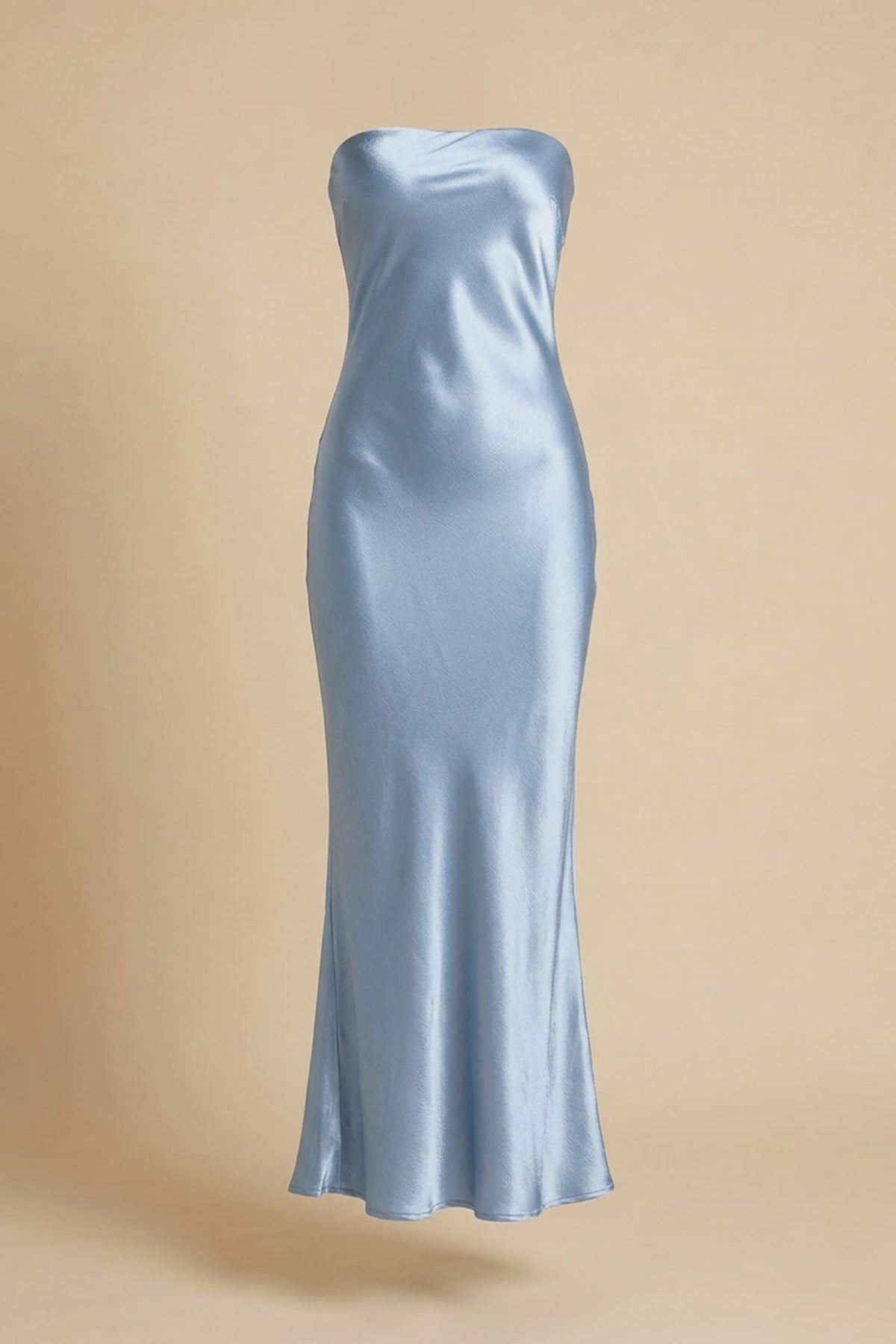 Powder Blue Satin Strapless Midi Dress for Wedding Guest