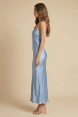 Powder Blue Satin Strapless Midi Dress for Wedding Guest
