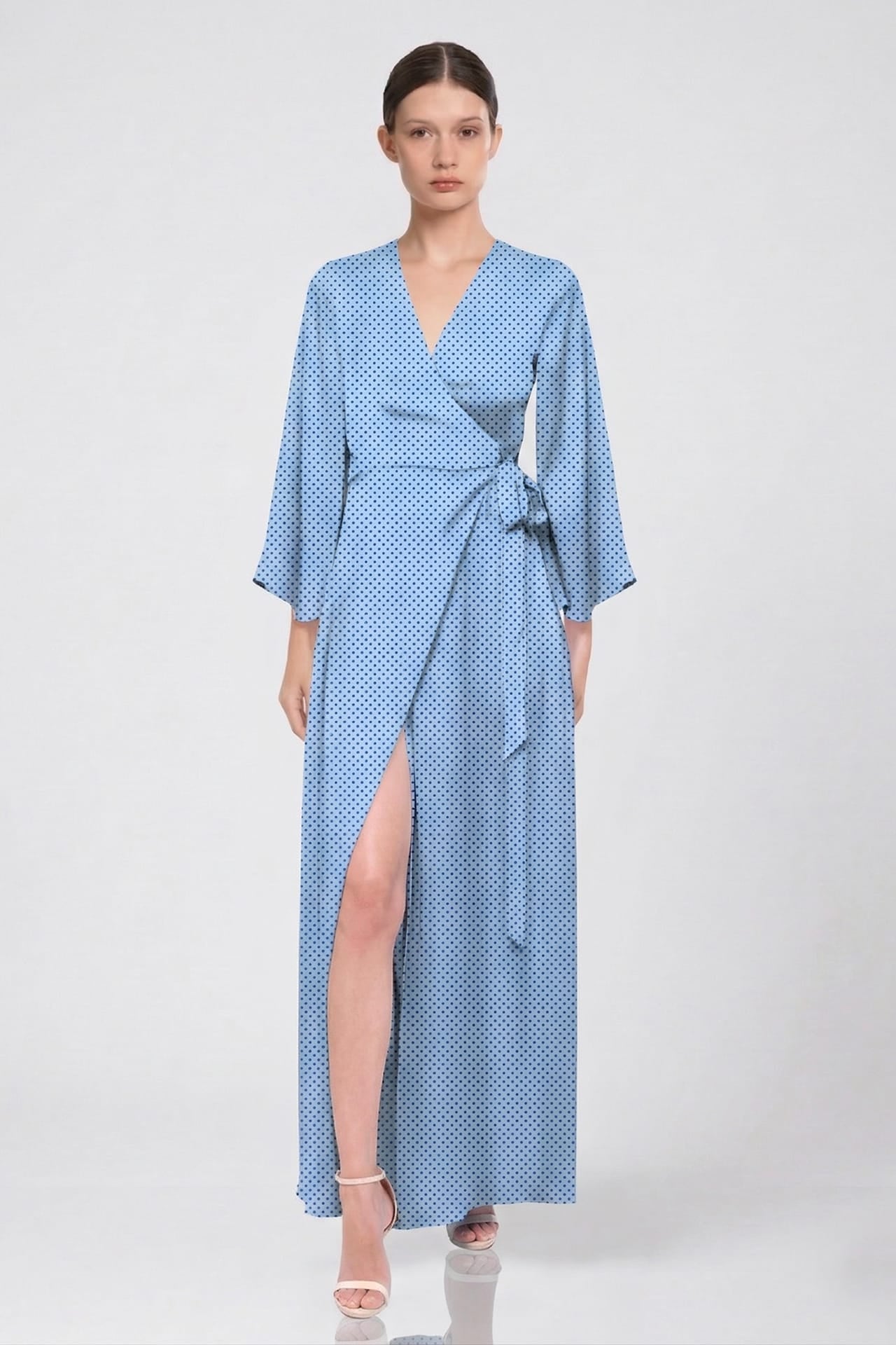 Powder Blue Polka Dot Satin V-Neck Wrap Maxi Dress with High Slit- Maternity Friendly Dress