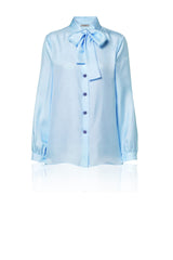 Powder Blue Scarf Tie Neck Silk Twill Blouse