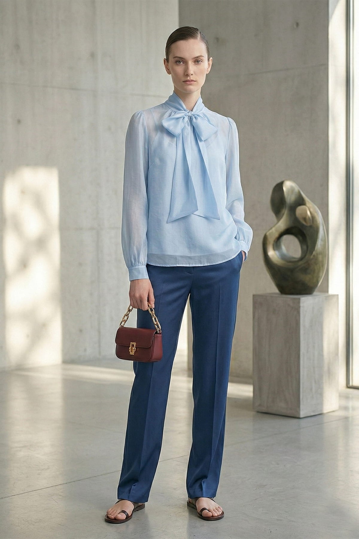 Powder Blue Bow Tie-Neck Sheer Organza Shirt
