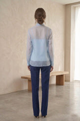 Powder Blue Elegant Sheer Organza Tie-Neck Shirt