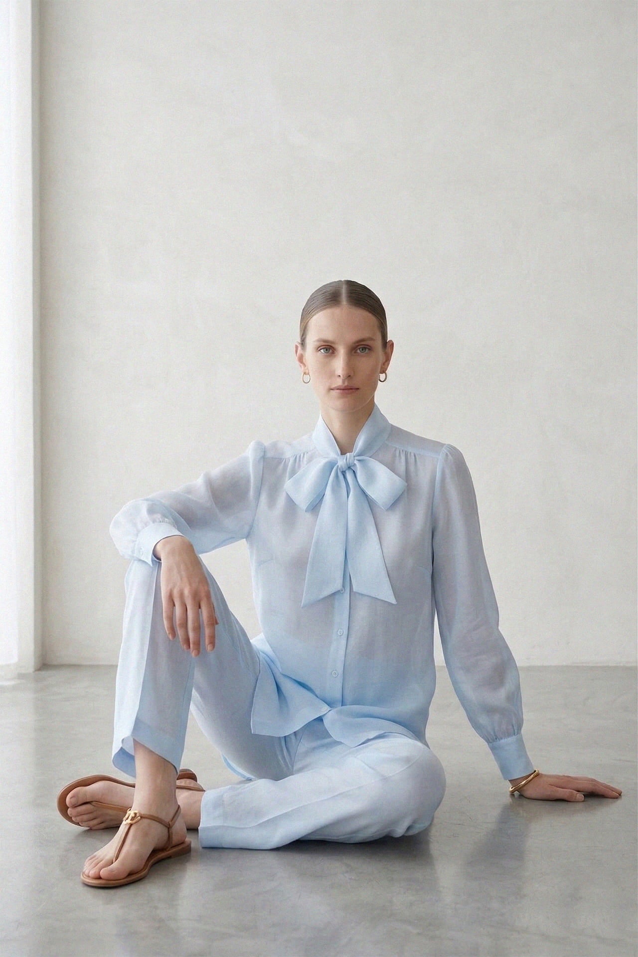 Powder Blue Sheer Organza Tie-Neck Shirt