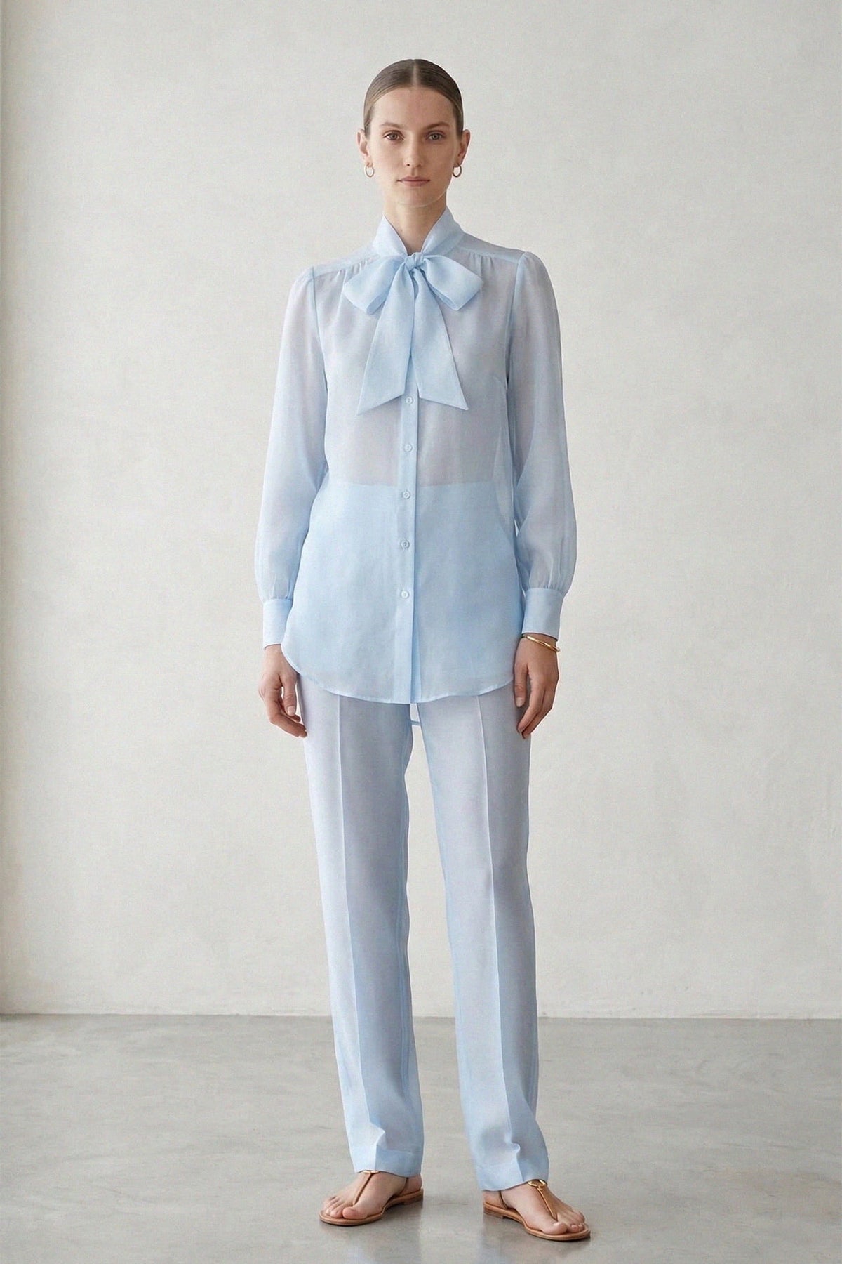 Powder Blue Sheer Organza Tie-Neck Shirt