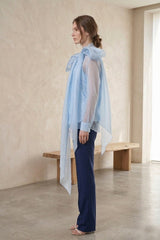 Powder Blue Elegant Sheer Organza Tie-Neck Shirt