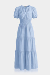 Tiered Breathable Cotton Maxi Dress With Smocked Waist – Powder Blue Relaxed Fit Cotton Dress