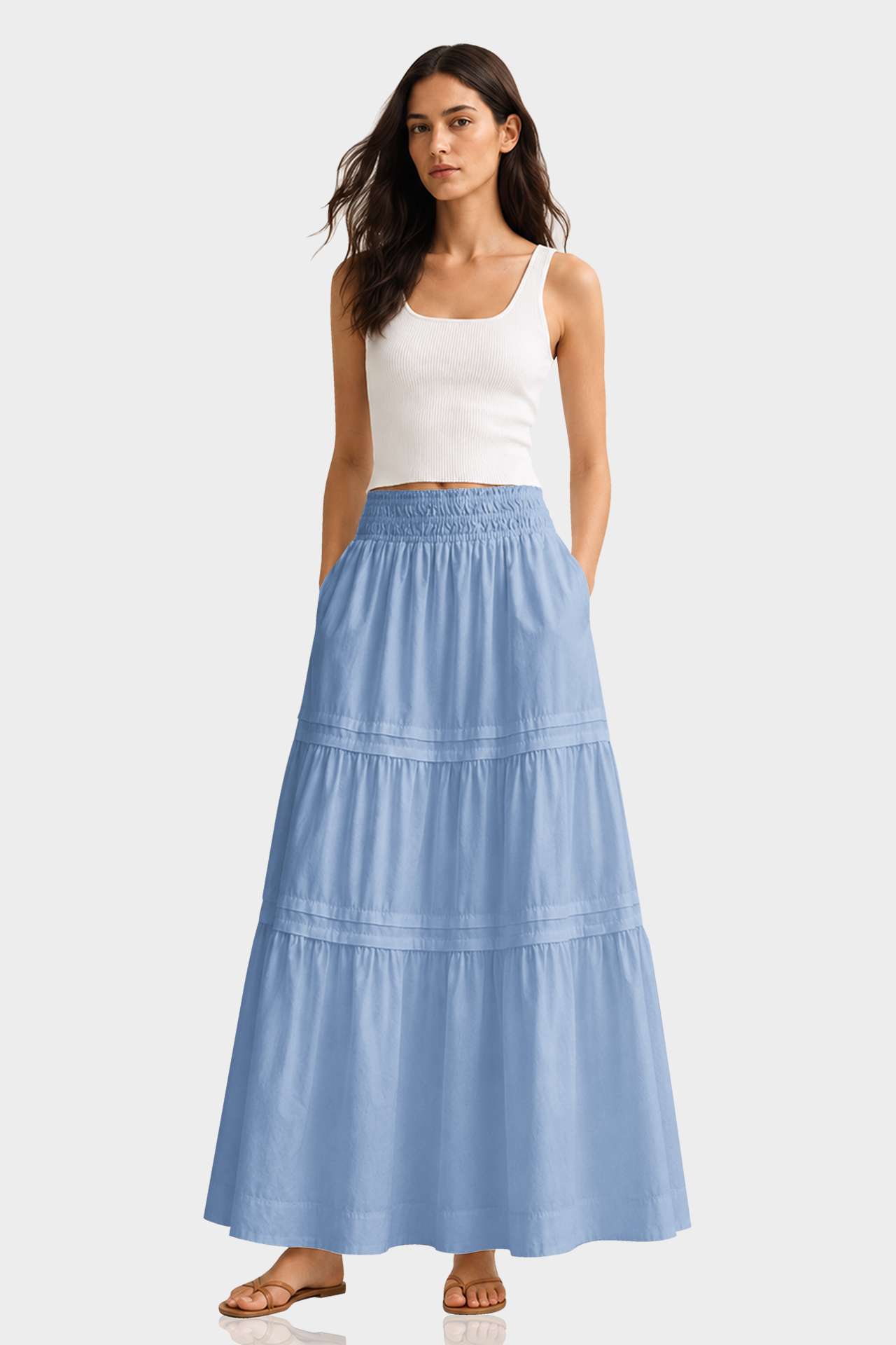 Powder Blue Smocked Waist Maxi Skirt – Tiered Cotton Skirt