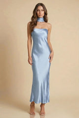 Powder Blue Satin Strapless Midi Dress for Wedding Guest