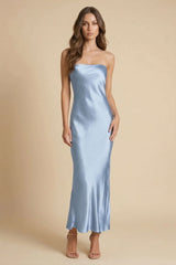 Powder Blue Satin Strapless Midi Dress for Wedding Guest